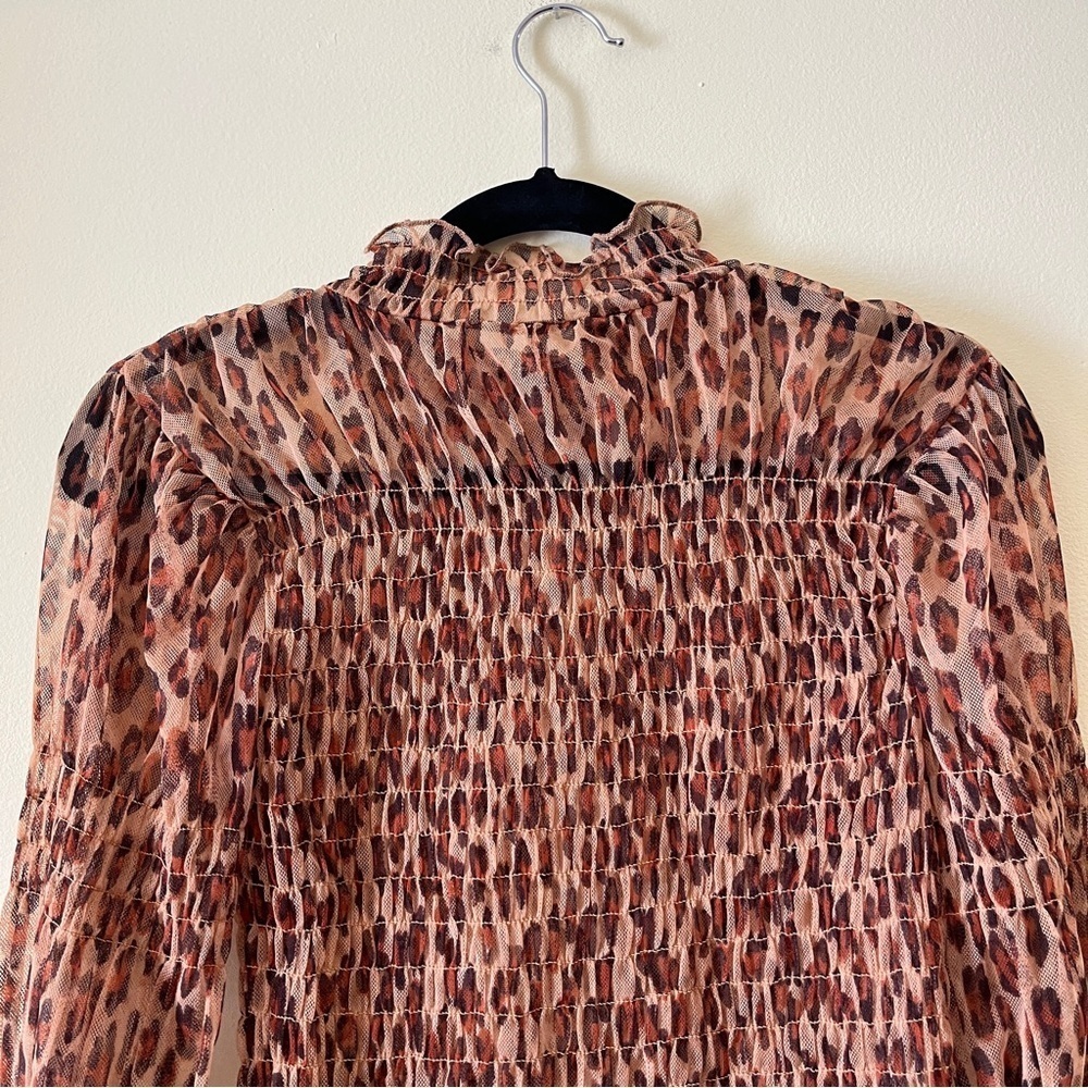 FREE PEOPLE Smocked HELLO THERE Mesh Top Leopard Cheetah Mock Neck Size Small - Picture 13 of 14